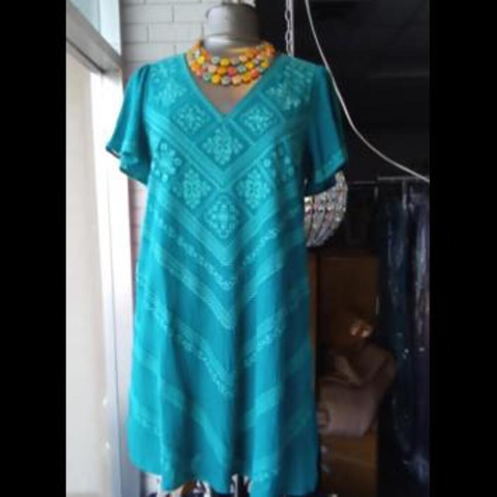 (GB16) Teal Embroidered V Neck Mid Dress | Savanna Jane